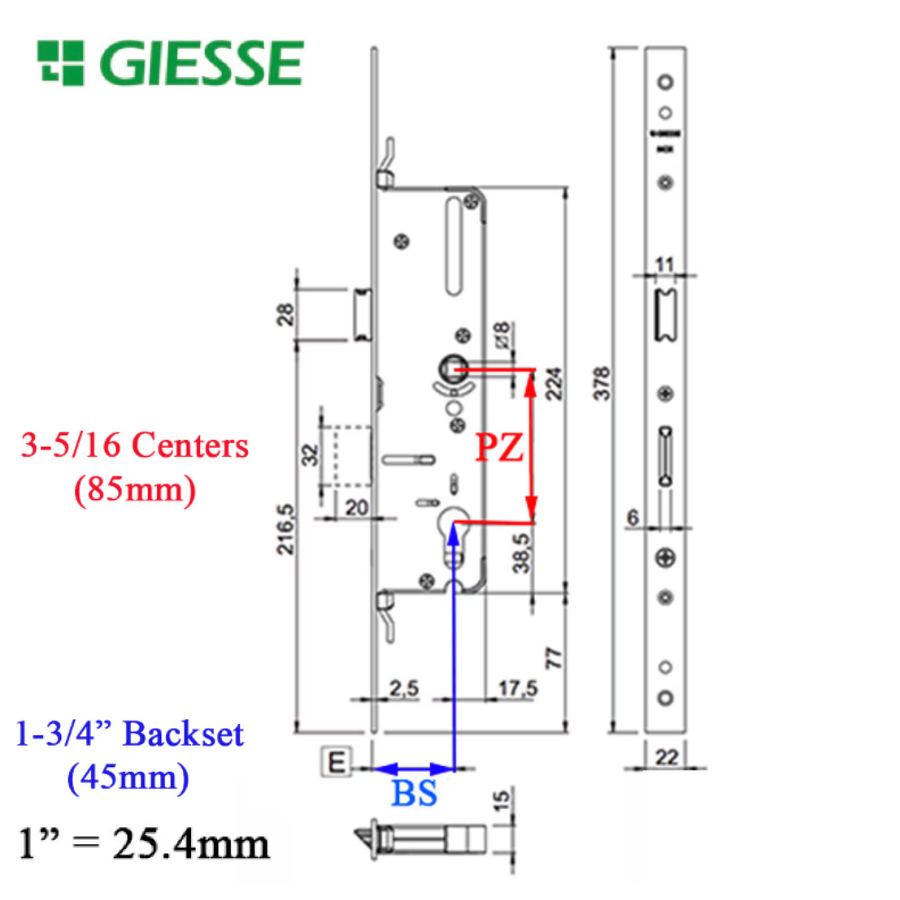 GIESSE DOOR WITH PERIMETER LOCK 45MM BACKSET, 85 PZ