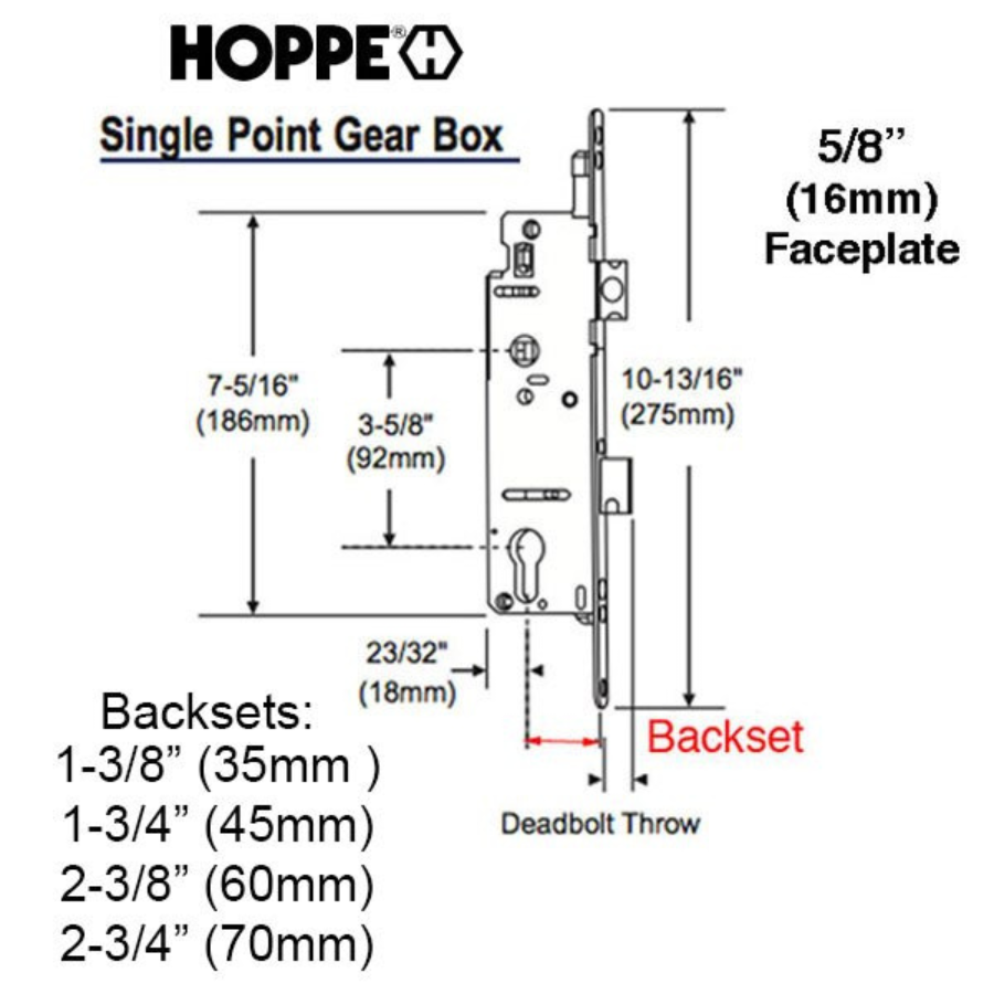 HOPPE MORTISE LOCK, 1" DEADBOLT THROW, 60/92 SINGLE POINT LOCK (SPL), ROTATION LIMITER