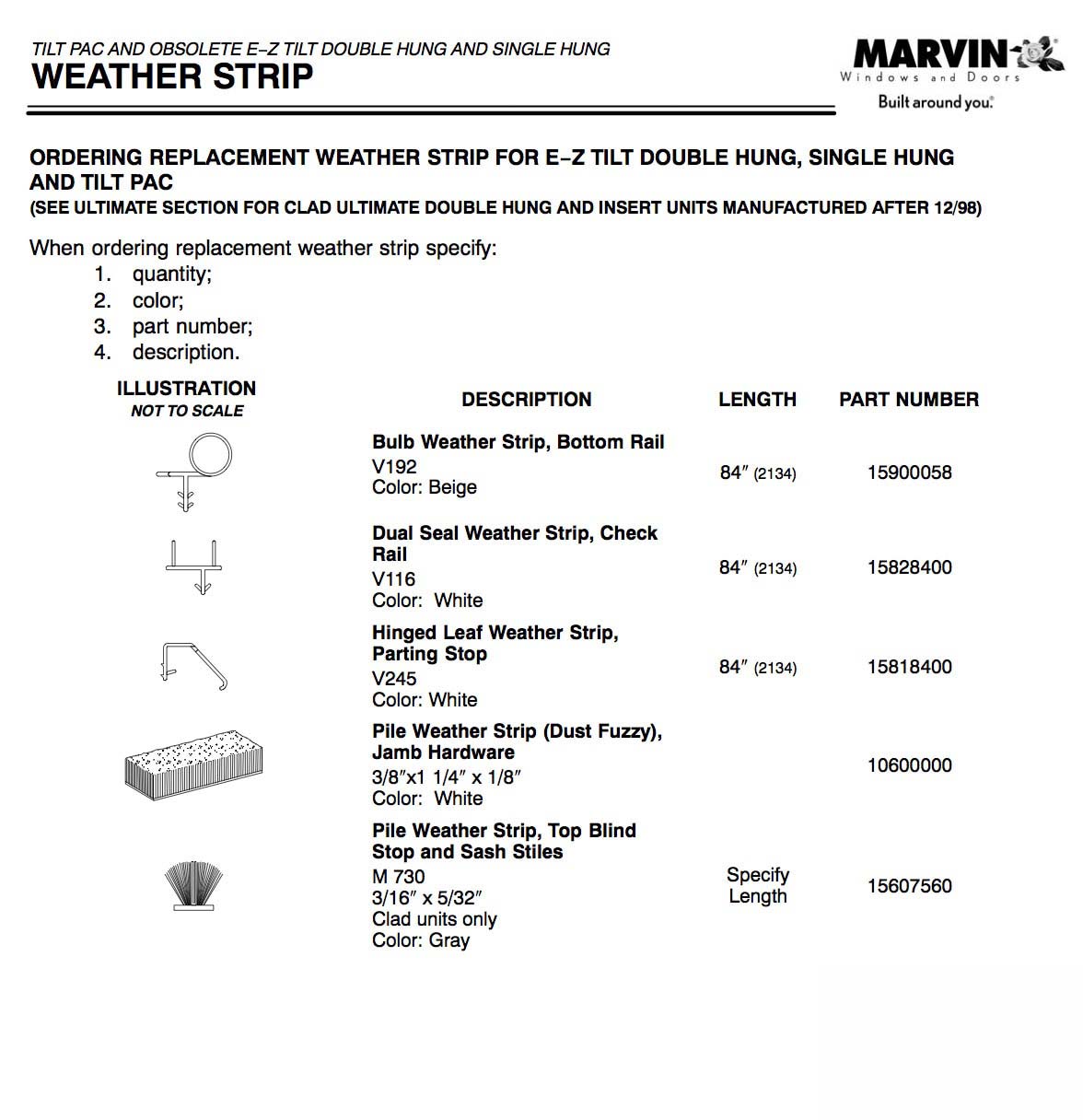 Marvin Single & E-Z Tilt Double Hung, Tilt Pac Weatherstrip V245 - White