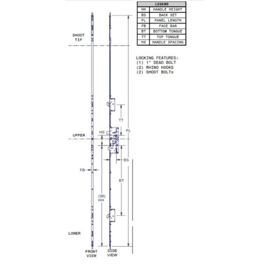 16mm P3000 Passive Upper Assembly 45/92 Shootbolt Upper for Doors 95-108.5"