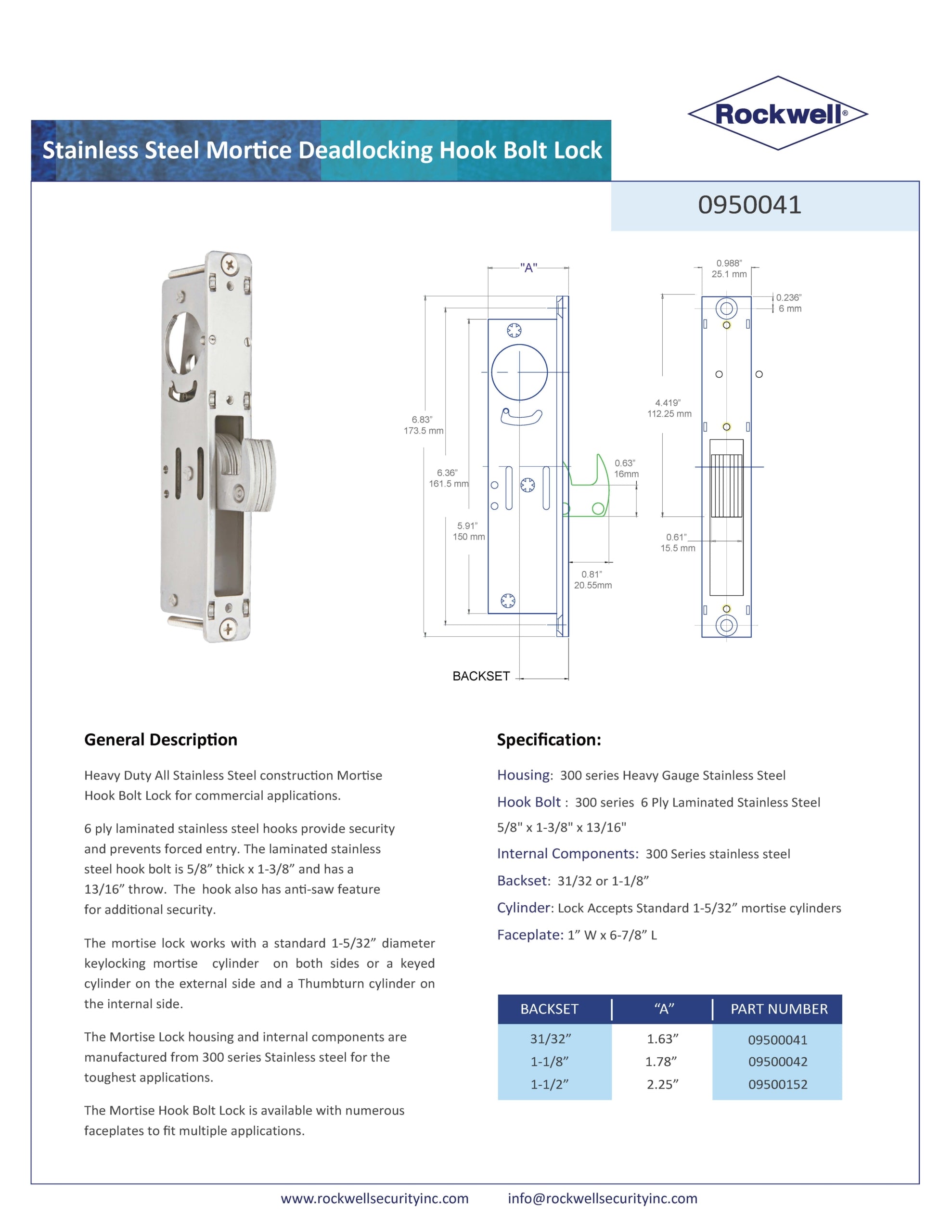 SFHBSS3132 Rockwell Stainless Steel Deadlocking Hook Bolt Mortise Lock – 31/32" Backset
