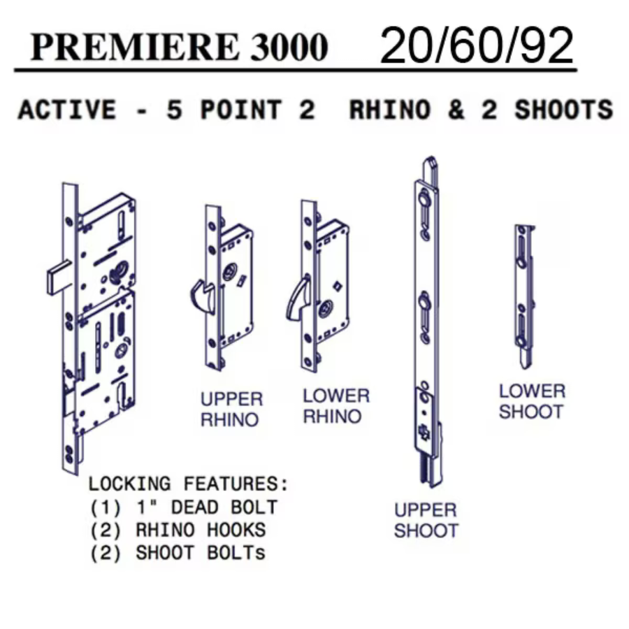 20mm P3000 Active 5-Point Rhino Hook & Shootbolts, Doors 82 To 95-1/2