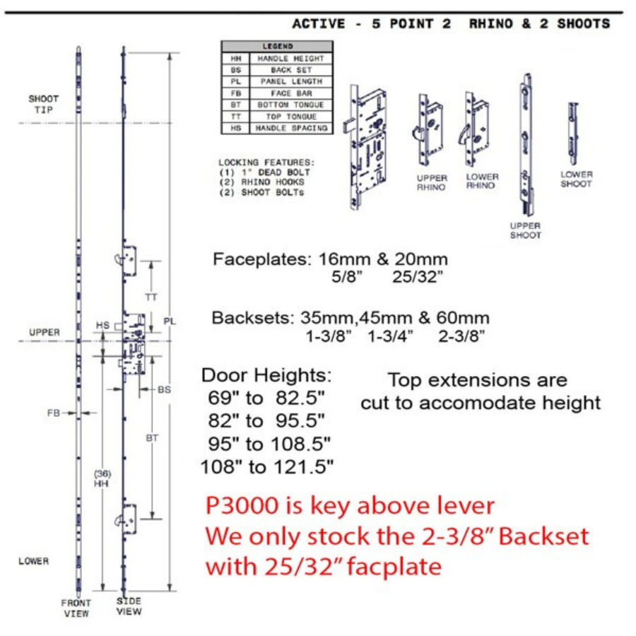 Amesbury Multi-Point Lock P3000 Active 5-Point Rhino Hook and Shootbolts 60mm Backset