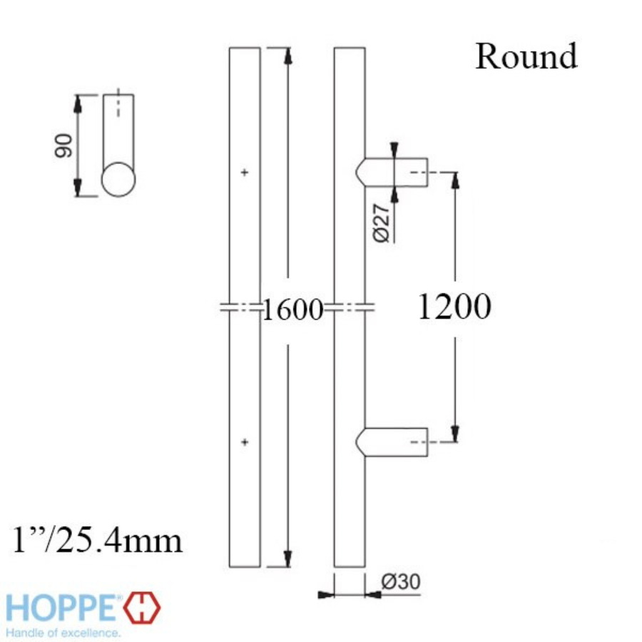 HOPPE BAR-SHAPED ROUND PULL HANDLE, 63" - STAINLESS STEEL