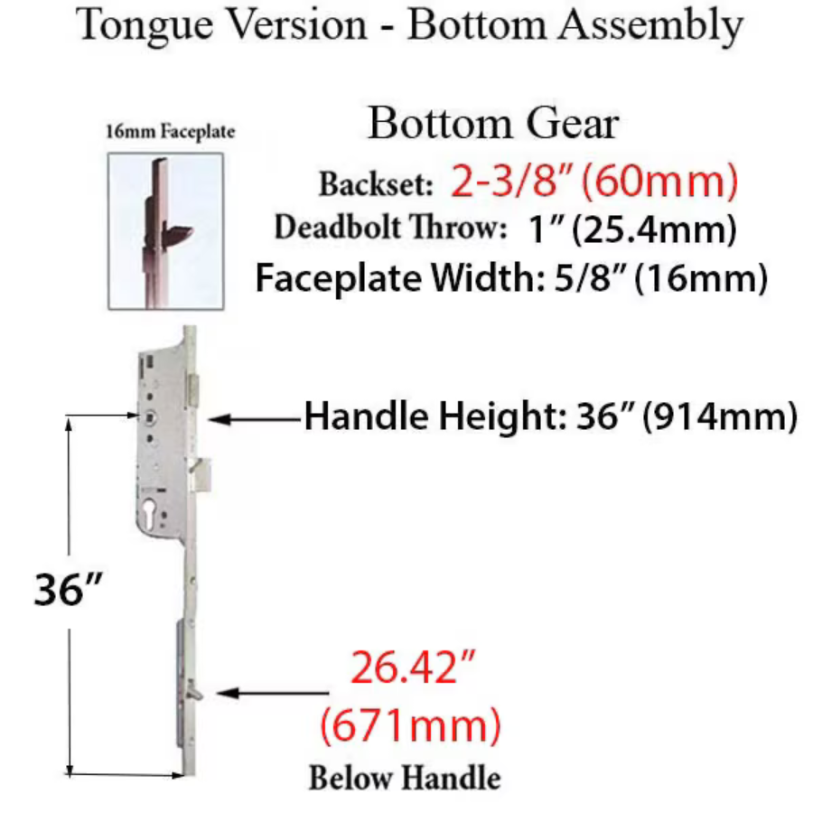 Hoppe Multipoint 2.375" Backset Manual Gear with Tongue Bottom Extension
