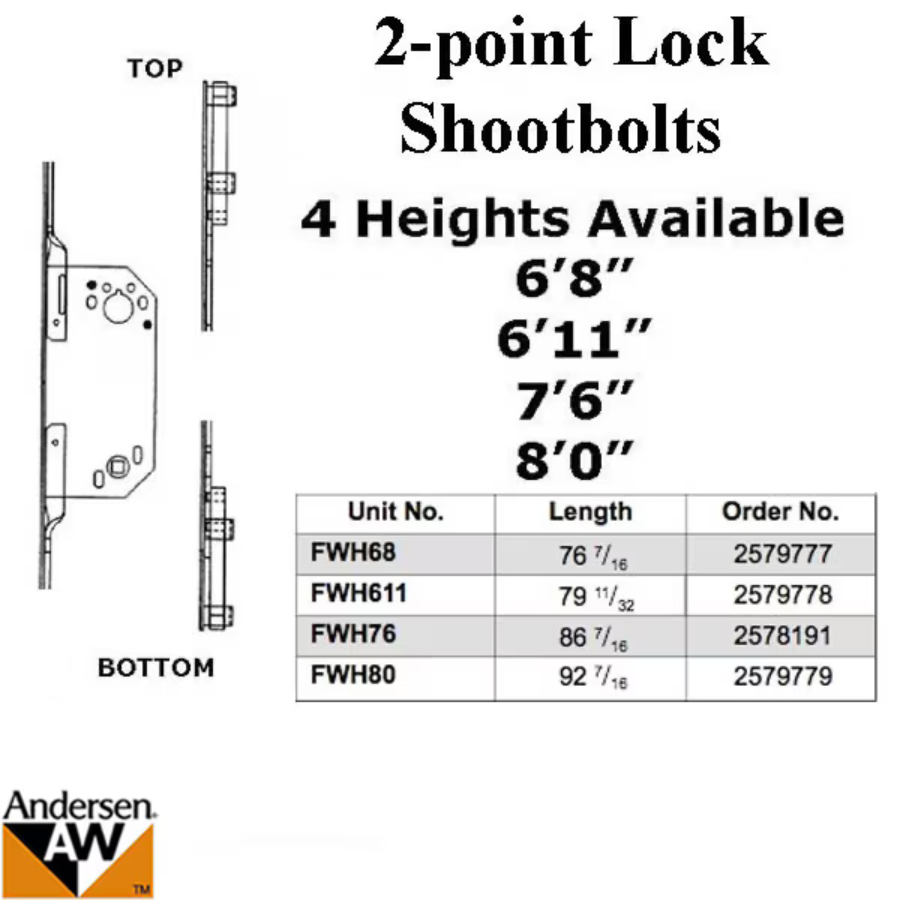 Andersen Passive 2-Point Shootbolt Lock, 86-1/2 Inch, 7-6 Frenchwood Door - 2578191