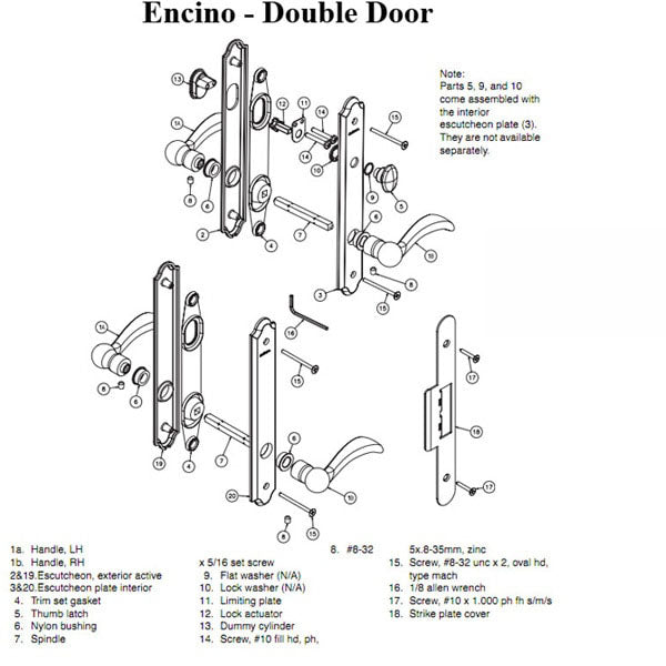 Hardware Kit, Double Door, Encino, Active / Passive - Distressed Nickel