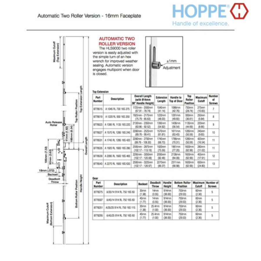 Hoppe 16mm Automatic 2 Roller Gear, 35/92, Roller at 29.53 Inch, 37 Inch Handle Height - 2771546
