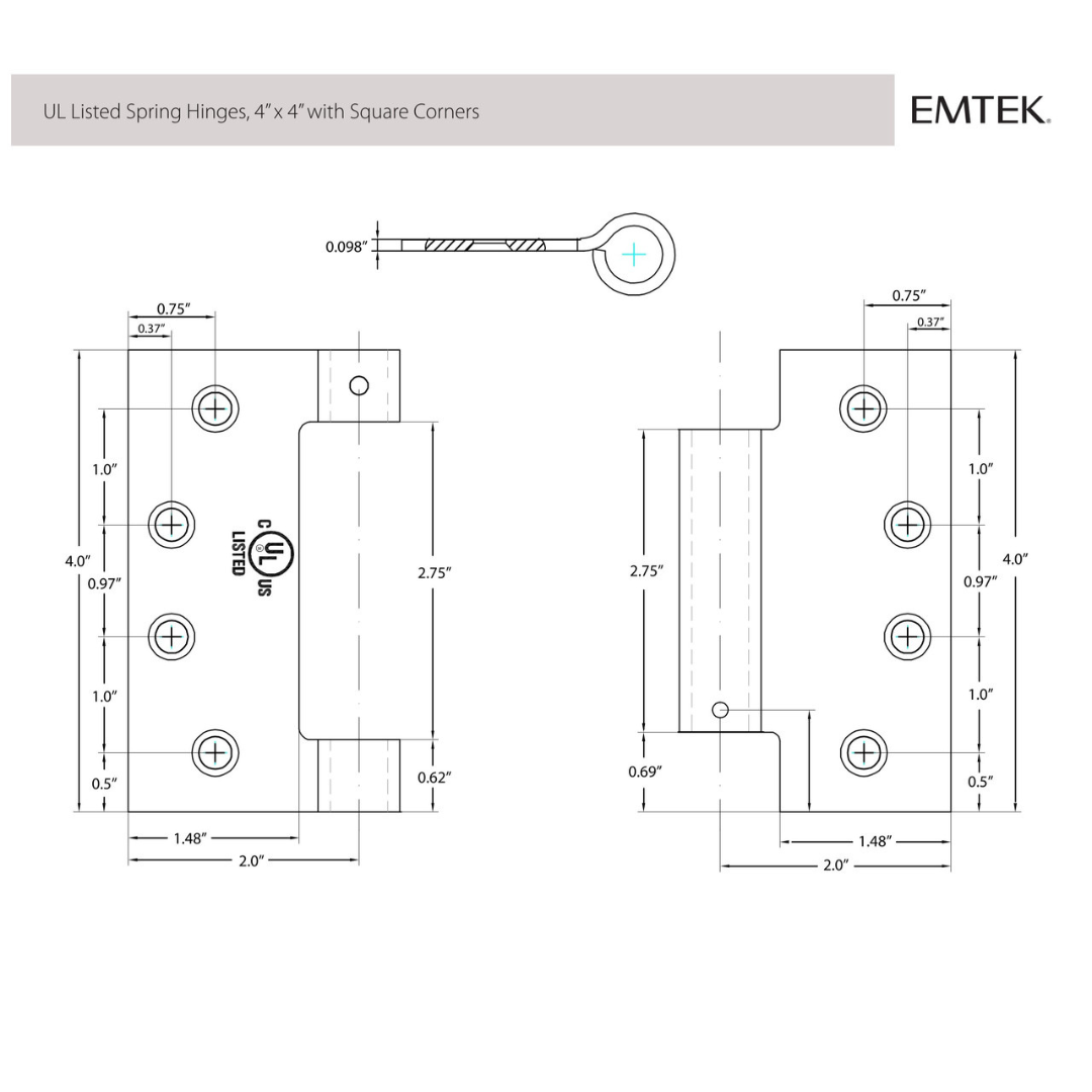 Emtek 95014 Spring Hinges (Pair), 4" x 4" with Square Corners, UL Listed, Plated Steel