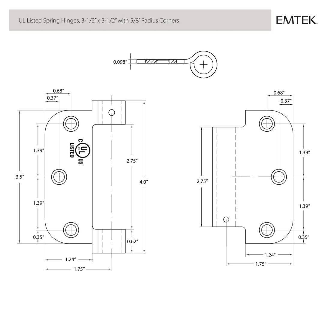 Emtek 95033 Spring Hinges (Pair), 3-1/2" x 3-1/2" with 5/8" Radius Corners, UL Listed, Plated Steel
