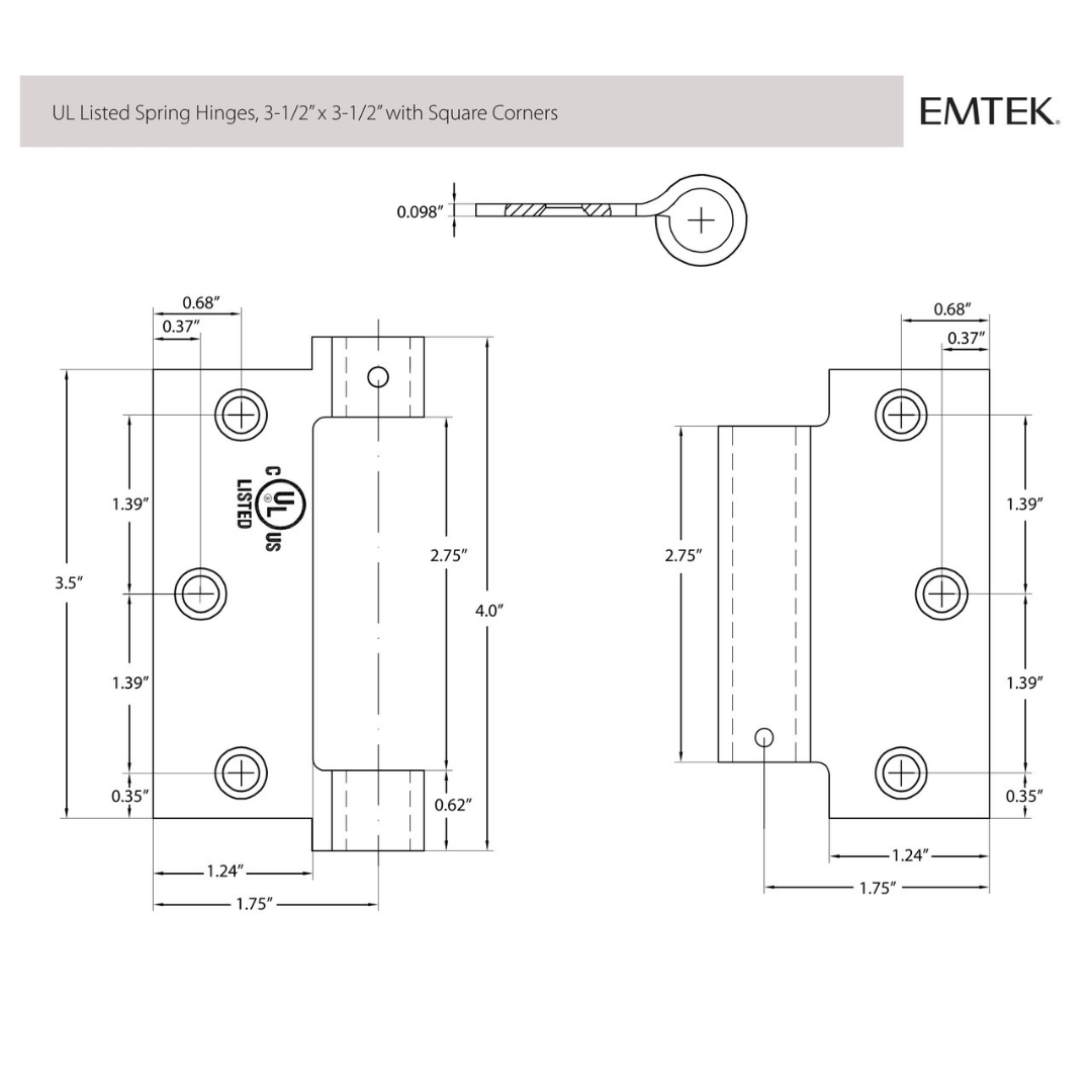 Emtek 95013 Spring Hinges (Pair), 3-1/2" x 3-1/2" with Square Corners, UL Listed, Plated Steel
