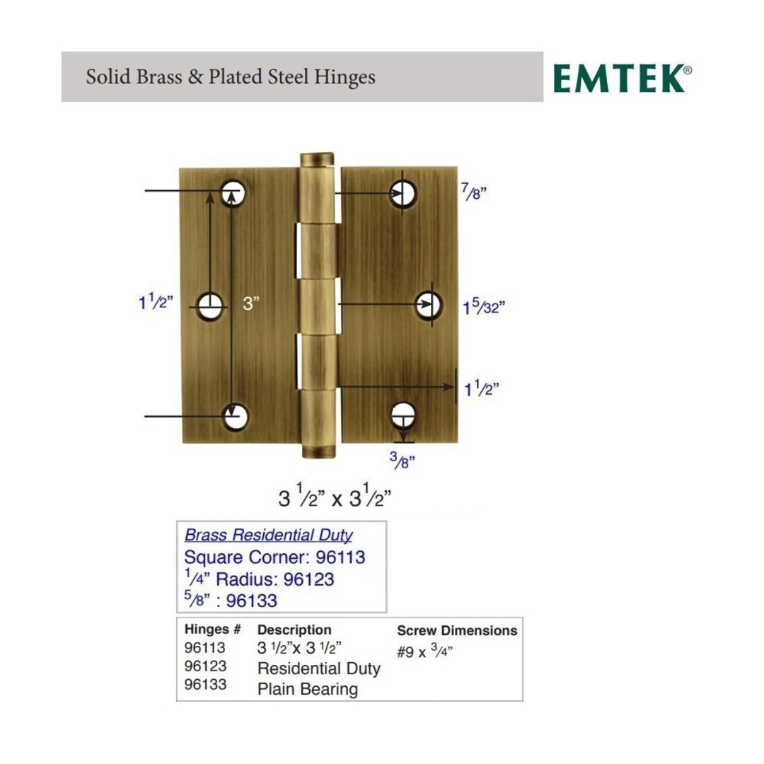Emtek 96123 Residential Duty Hinges (Pair), 3-1/2" x 3-1/2" with 1/4" Radius Corners