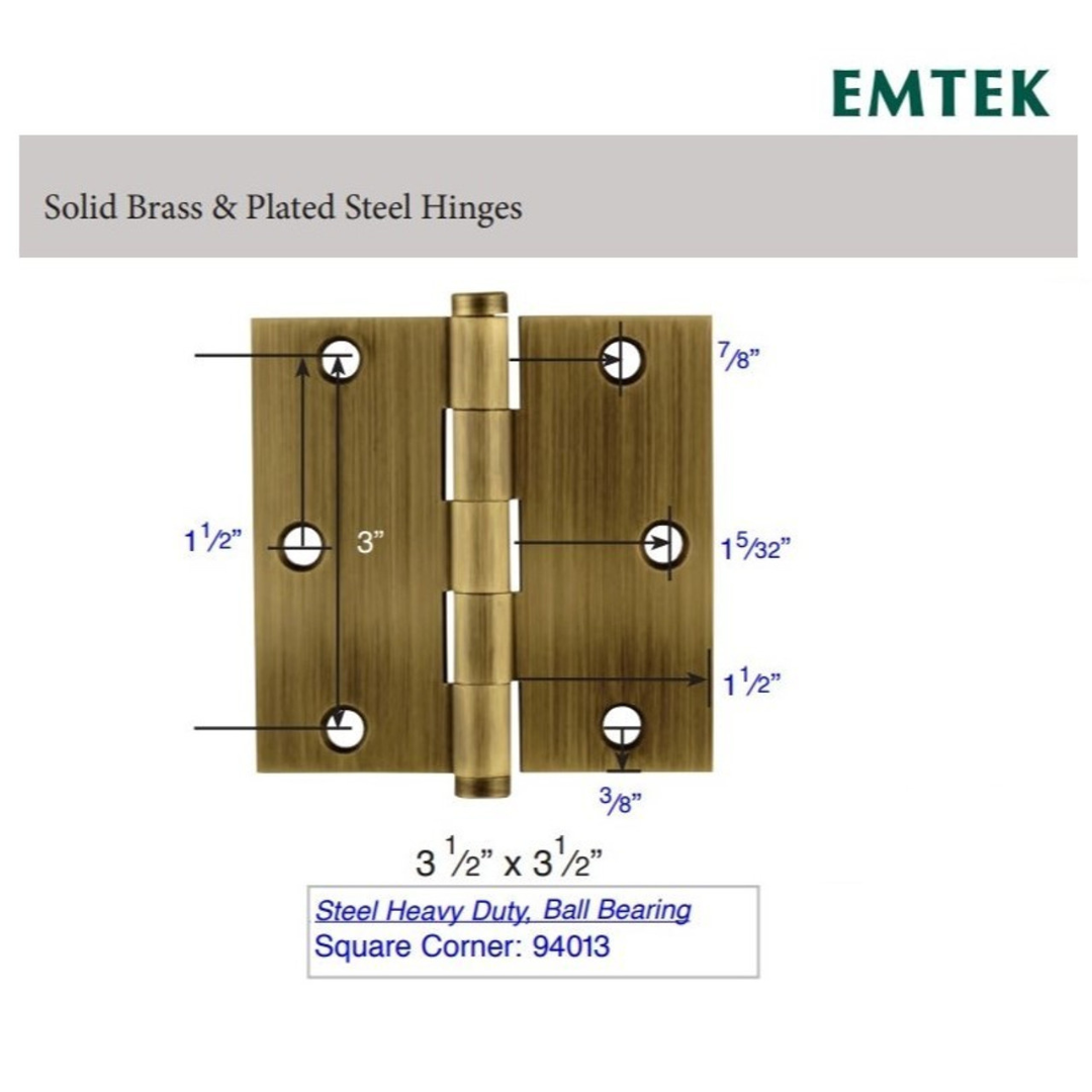 Emtek 94013 Heavy Duty Ball Bearing Hinges (Pair), 3-1/2" x 3-1/2" with Square Corners, Plated Steel