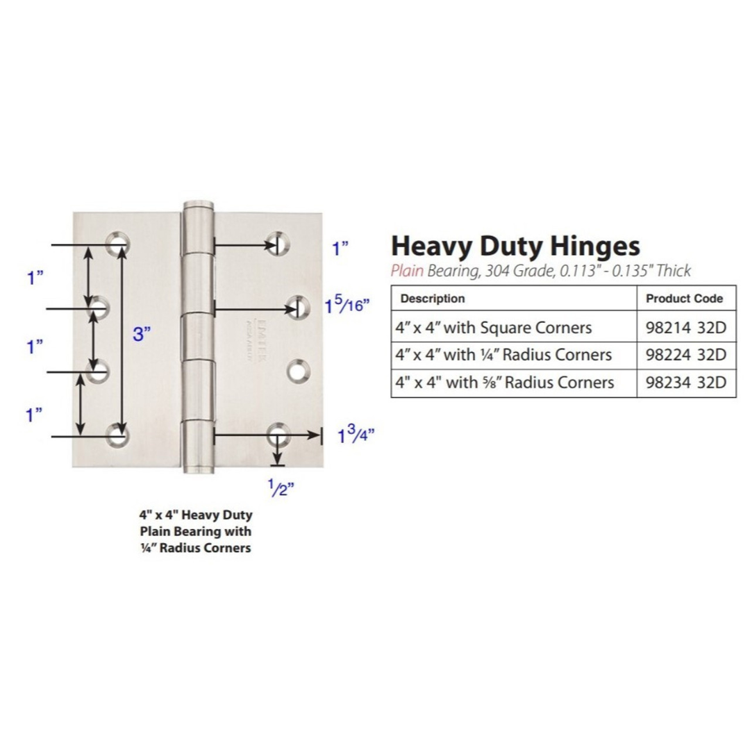 Emtek 9822432D Heavy Duty Plain Bearing Hinges (Pair), 4" x 4" with 1/4" Radius Corners, Stainless Steel