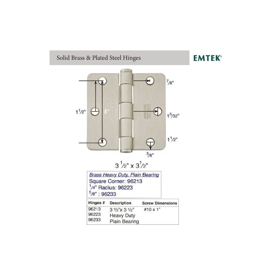 Emtek 96223 Heavy Duty Hinges (Pair), 3-1/2" x 3-1/2" with 1/4" Radius Corners