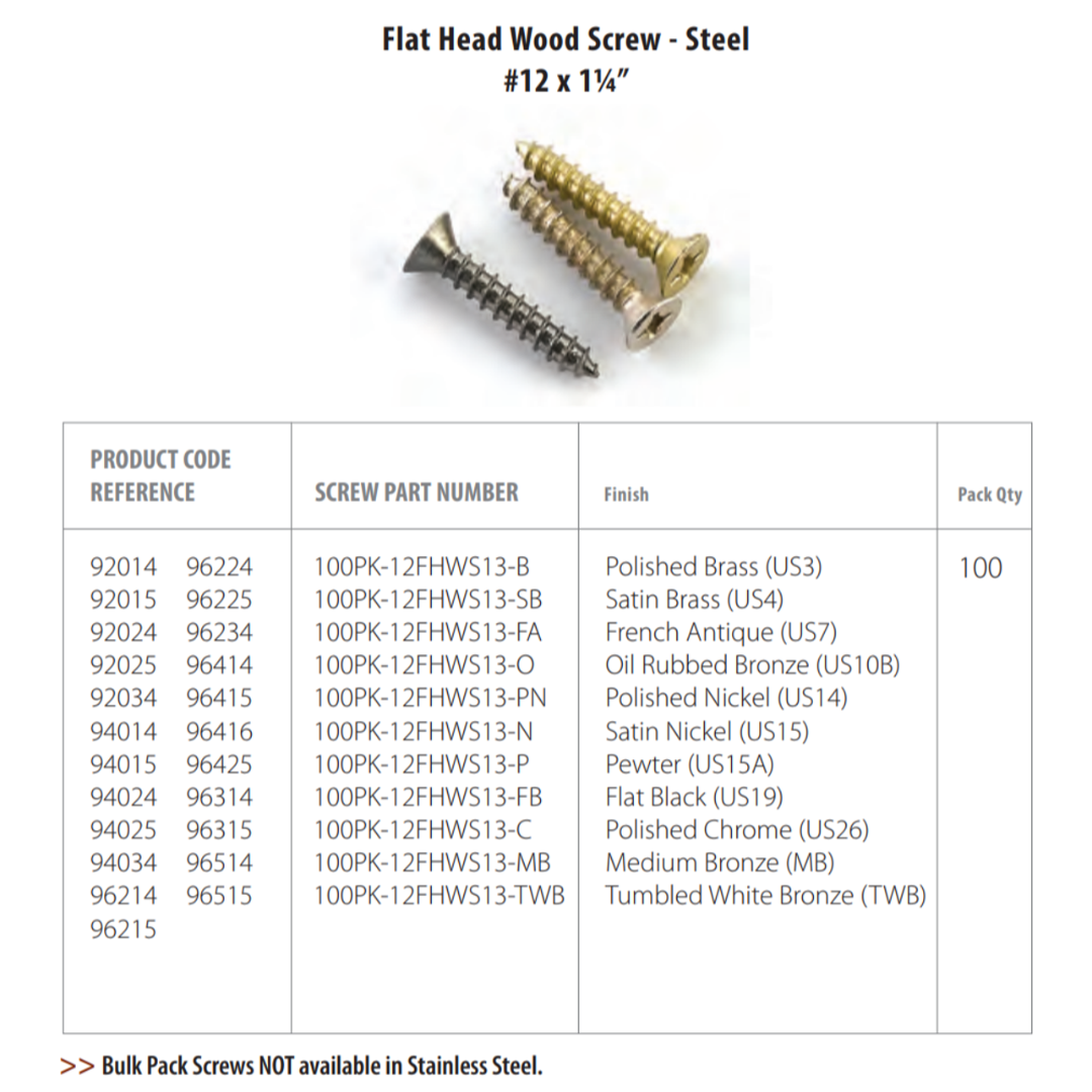 Emtek 100PK-12FHWS13 Replacement Hinge Screws, Flat Head Wood Screws - Steel #12 x 1-1/4 (Pack Qty 100)
