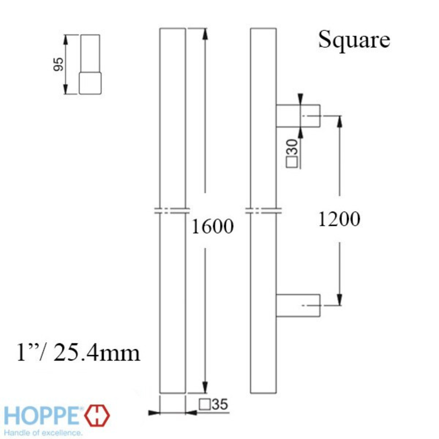 Hoppe Bar-Shaped Square Pull Handle, 63" - Stainless Steel