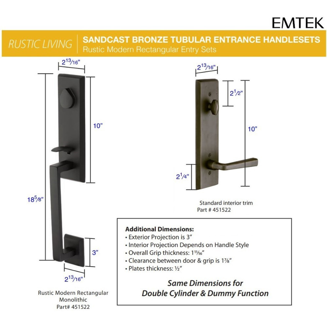 Emtek 452522 Rustic Modern Rectangular Monolithic Entrance Handleset - Sandcast Bronze Tubular - Double Cylinder