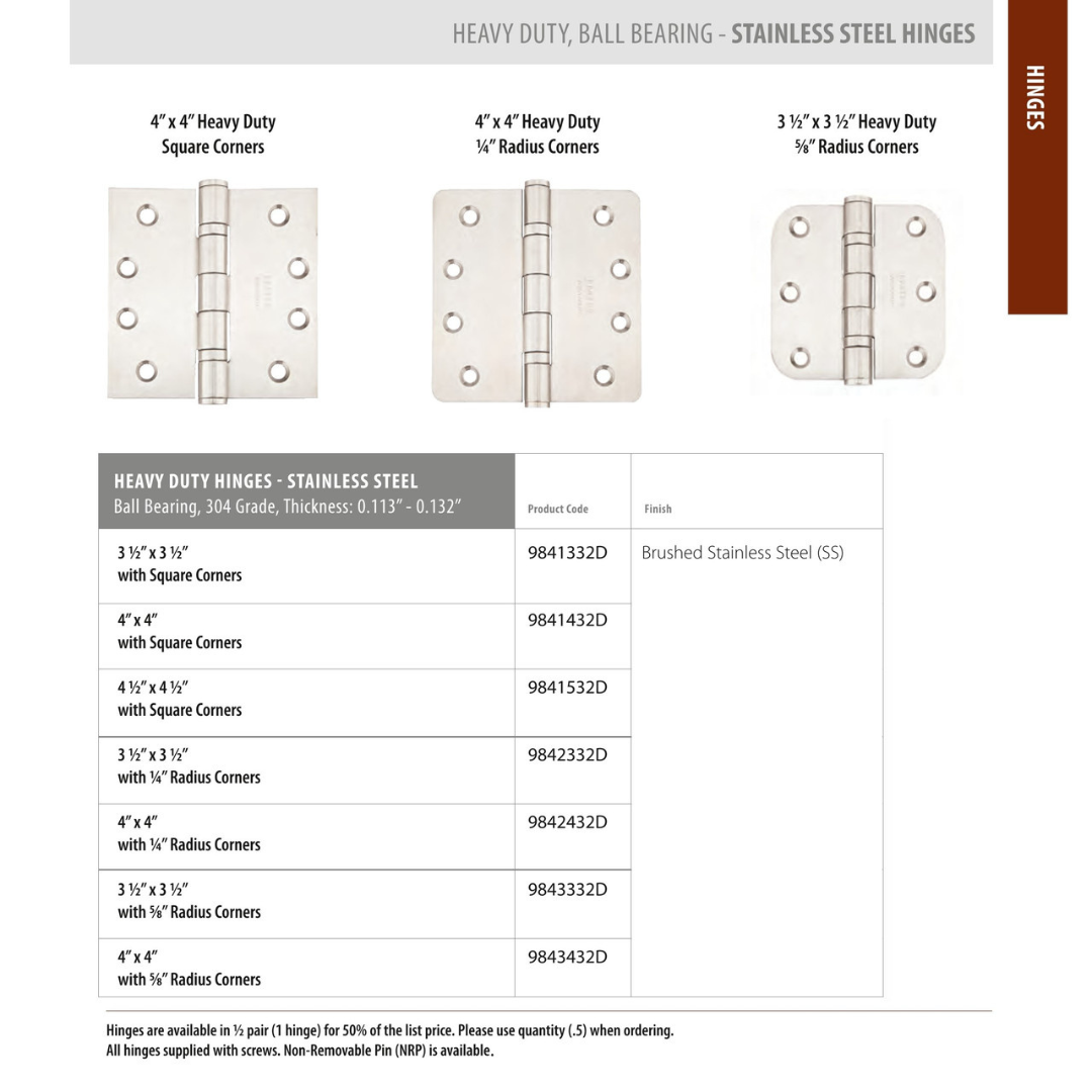 Emtek 9842332D Heavy Duty Ball Bearing Hinges (Pair), 3-1/2" x 3-1/2" with 1/4" Radius Corners, Stainless Steel