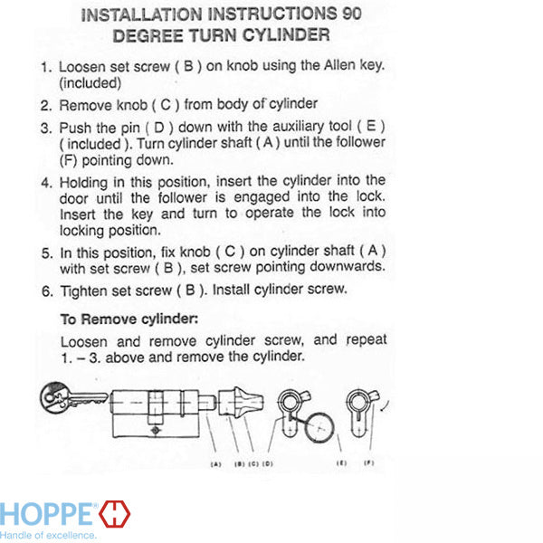 31.5 / 45.5 New Style HOPPE Active 90 Degree Keyed Profile Cylinder Lock - 413145010