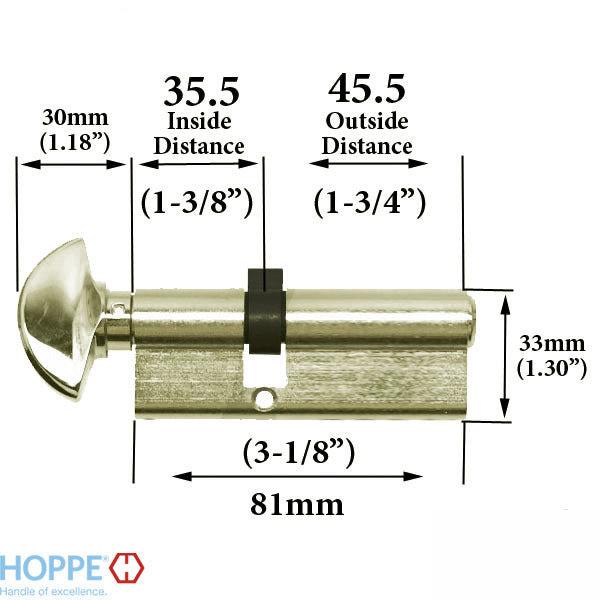 35.5 / 45.5 New Style HOPPE Active 90 Keyed Profile Cylinder Lock, Solid Brass - 413545010