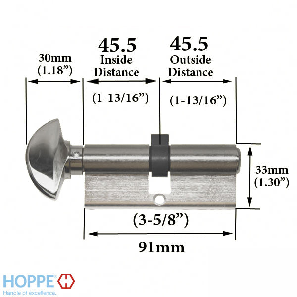 45.5 / 45.5 New Style HOPPE Non-Logo Active 90 Keyed Profile Cylinder Lock Hoppe- 414545010