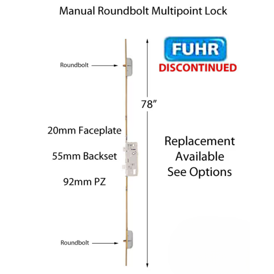 Fuhr 78 inch Roundbolt, 55mm backset, 20mm faceplate - See Replacement Options