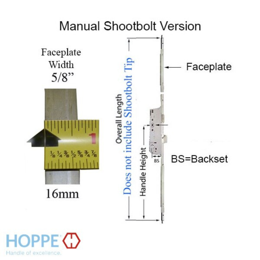 HOPPE 3-POINT MULTIPOINT LOCK, DOOR HEIGHTS 85.47"- 89.41", 1-3/4" BACKSET, SHOOTBOLT VERSION