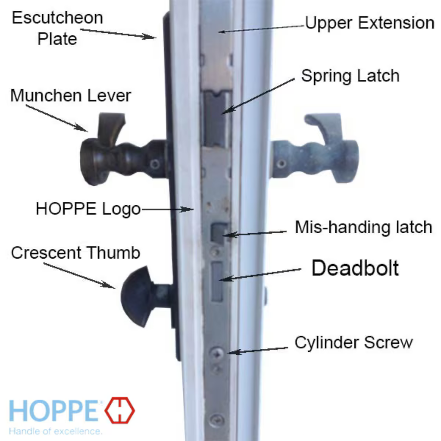 HOPPE 3-POINT MULTIPOINT LOCK, DOOR HEIGHTS 85.47"- 89.41", 1-3/4" BACKSET, SHOOTBOLT VERSION