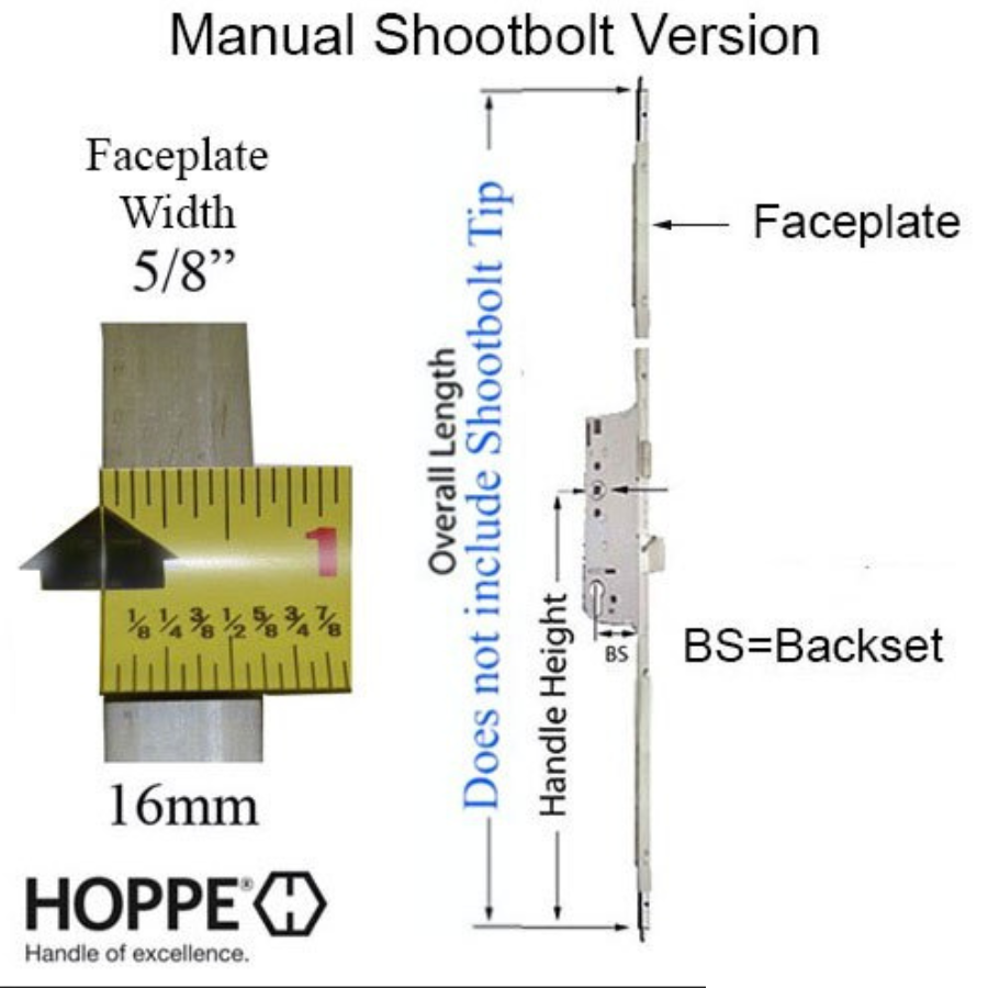 HOPPE 3-POINT MULTIPOINT LOCK, DOOR HEIGHTS 79.57"- 83.50", 1-3/4" BACKSET, SHOOTBOLT VERSION