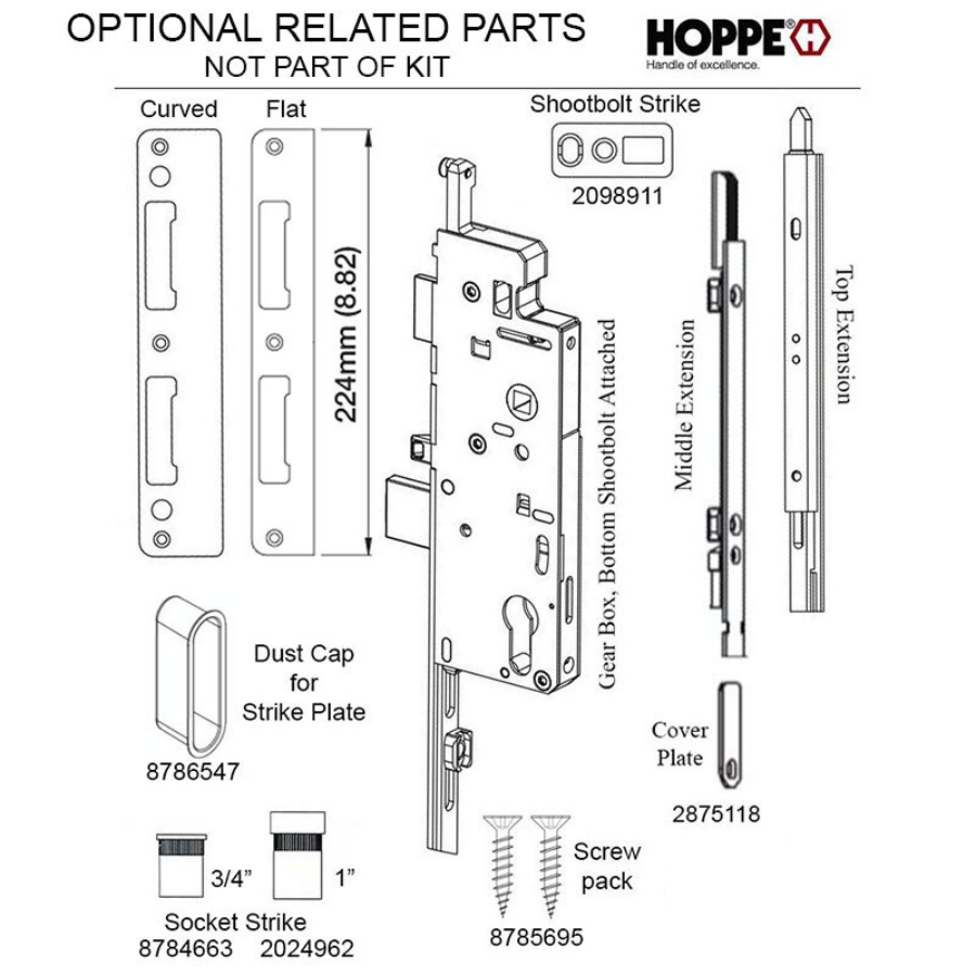 HOPPE 3-POINT MULTIPOINT LOCK, DOOR HEIGHTS 79.57 - 83.50", 1-3/8" BACKSET, SHOOTBOLT VERSION