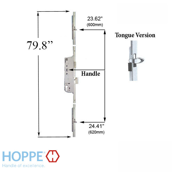 HOPPE Multipoint Lock Assembly, 1-3/4" Backset, Bottom Tongue @ 24.41", Top @ 23.62"