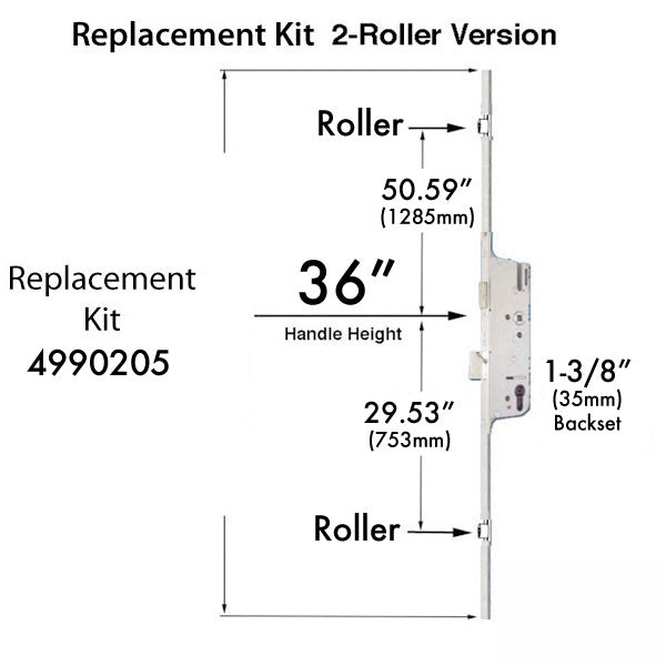 Hoppe Multipoint Lock, 1-3/8" backset, Manual 2 rollers Bottom @ 29.53" & Top @ 50.59