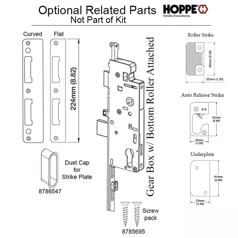 Hoppe Multipoint Lock, 1-3/8" backset, Manual 2 rollers Bottom @ 29.53" & Top @ 50.59