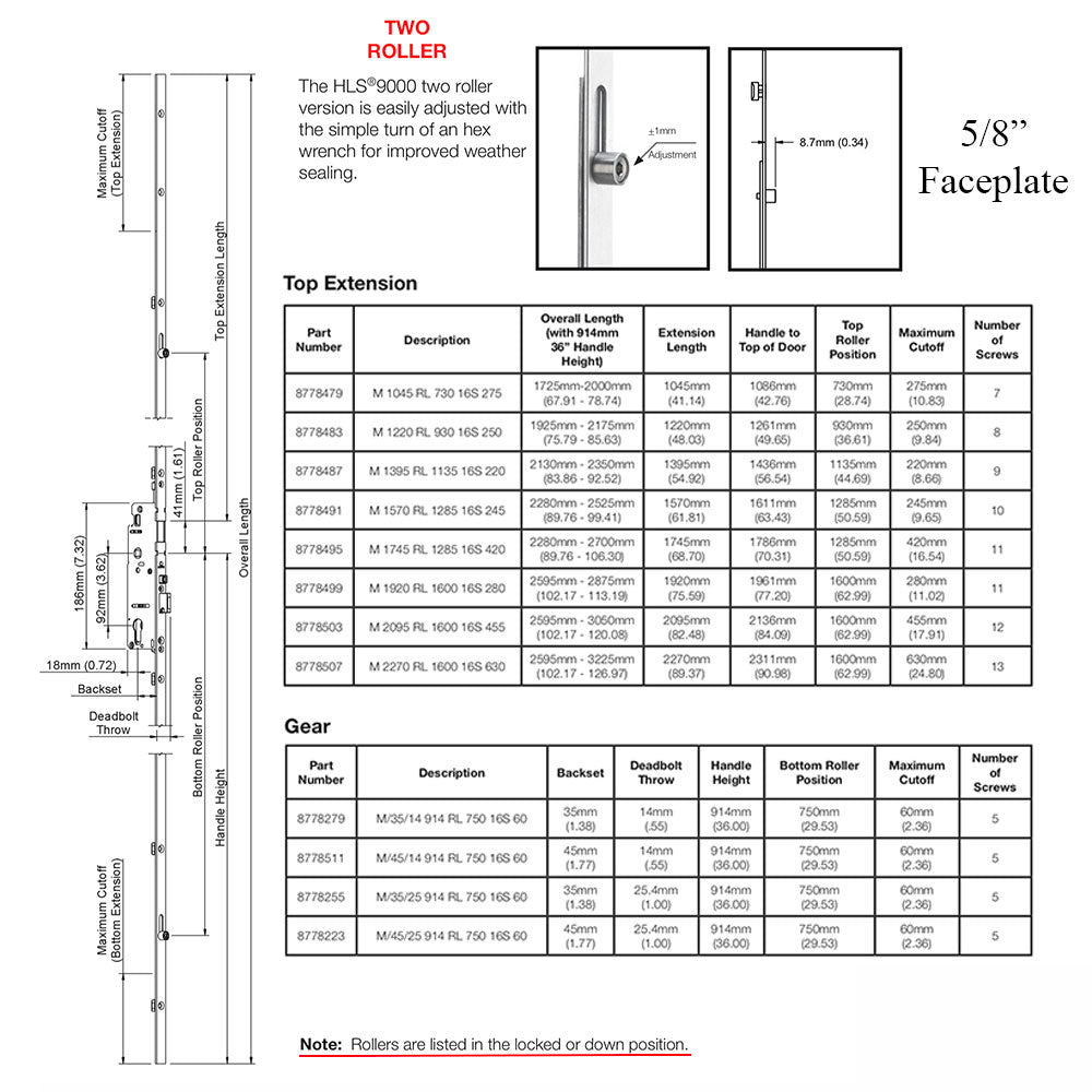 Hoppe Multipoint Lock, 1-3/8" backset, Manual 2 rollers Bottom @ 29.53" & Top @ 50.59