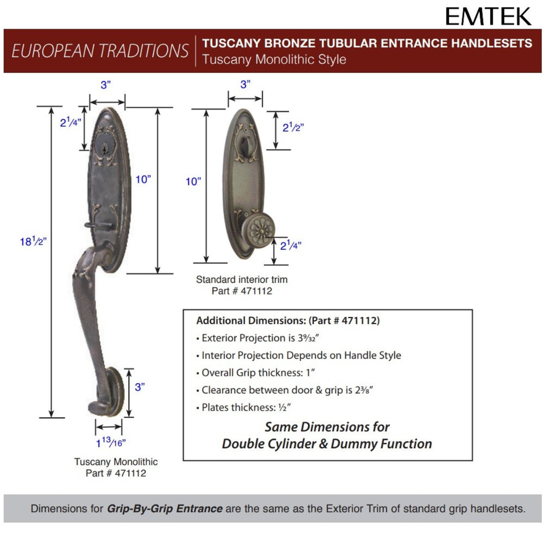 Emtek 471112 Tuscany Monolithic Entrance Handleset - Lost Wax Cast Bronze Tubular - Single Cylinder