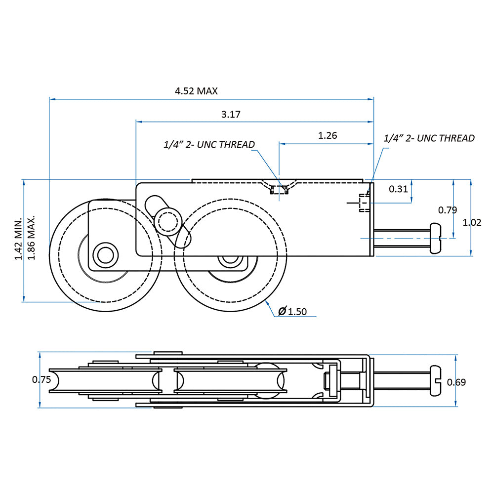 5104924 Rockwell 5104 End Adjust Tandem Roller For Sliding Glass Doors 1.5" Wheels