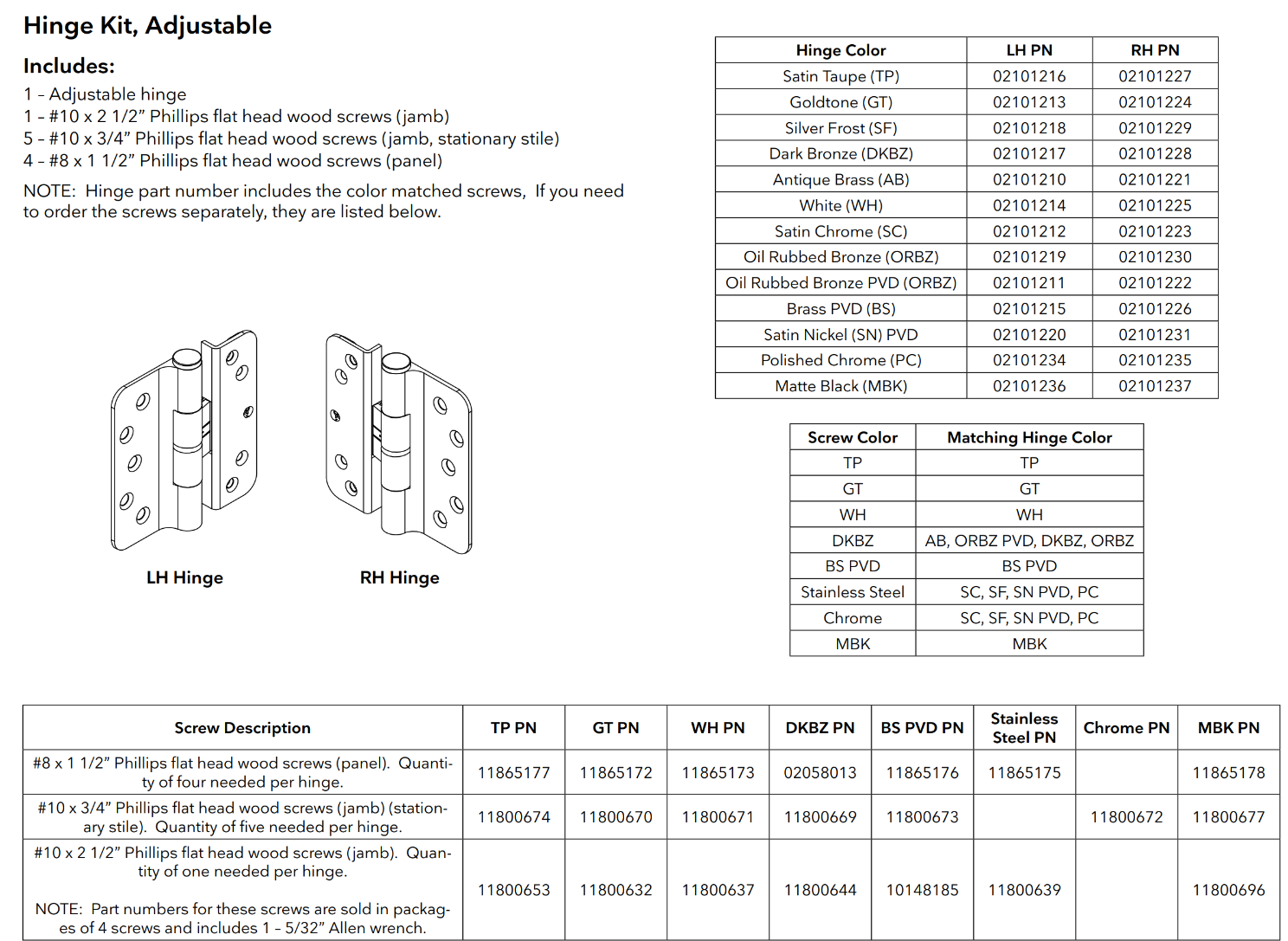 V200 Right Hand All In One Adjustable Hinge, New Style - Choose Finish