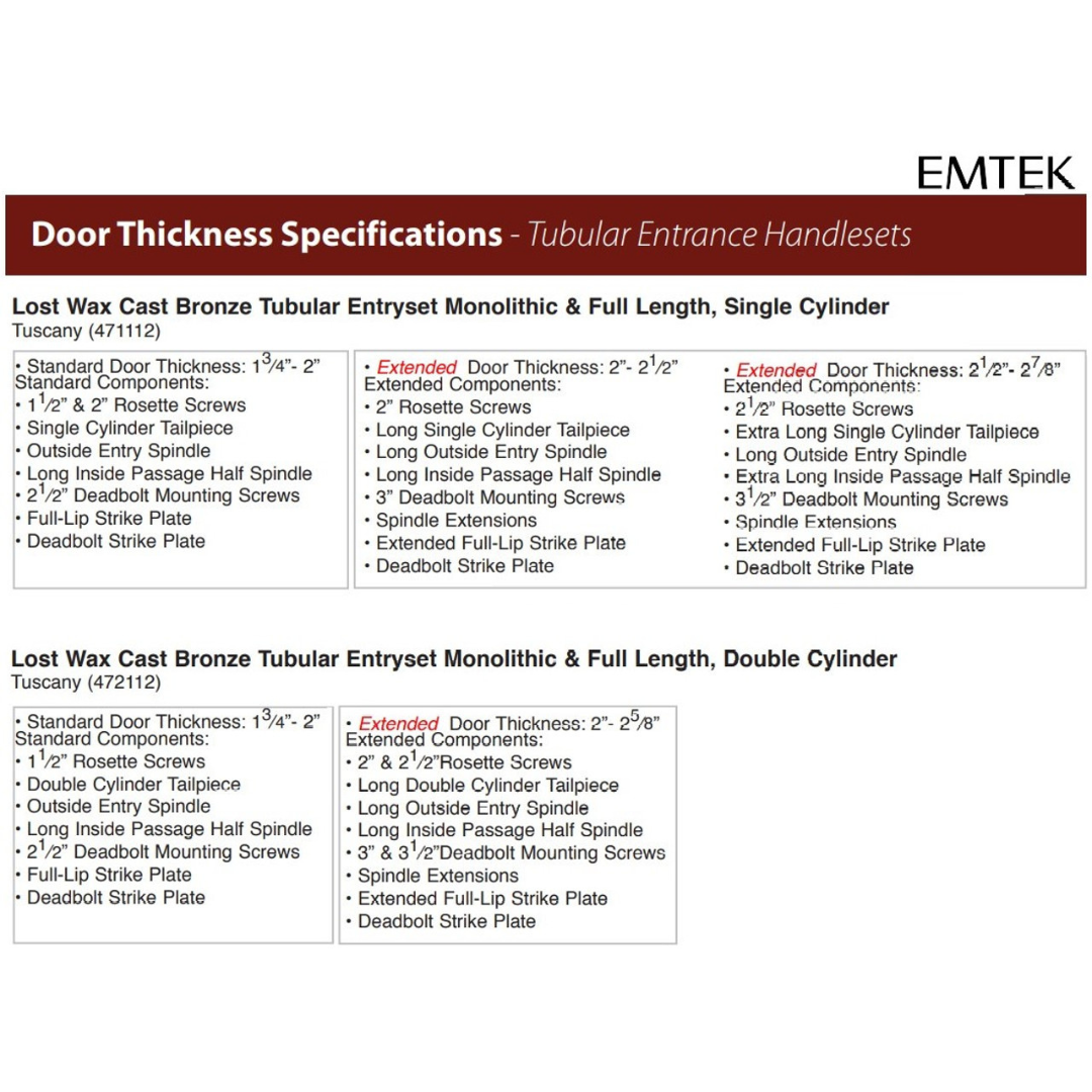 Emtek 471112 Tuscany Monolithic Entrance Handleset - Lost Wax Cast Bronze Tubular - Single Cylinder