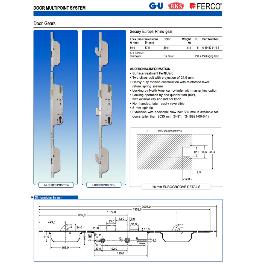 RHINO 50/92 ACTIVE 3-POINT HOOK BOLT , G-U / FERCO - SILVER FERGUARD