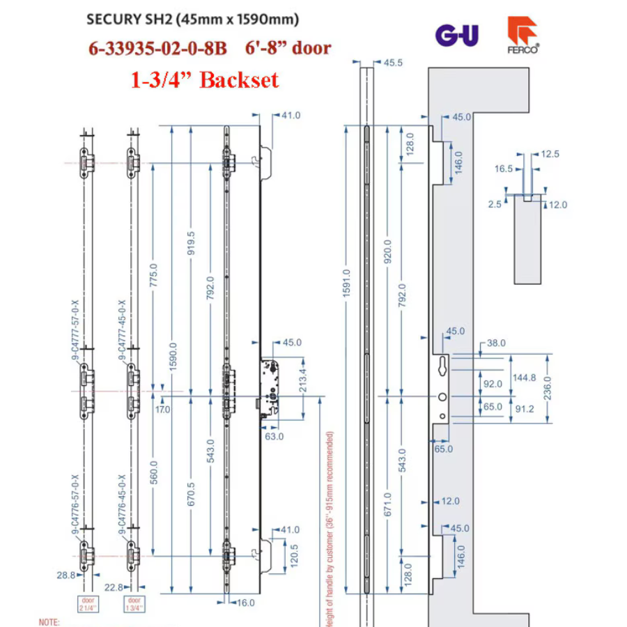16MM SECURY SH2 RHINO WITH RADIUS ENDS AND ANTI-SLAM DEVICE FOR LATCH, 45/92, 6'-8" DOORS