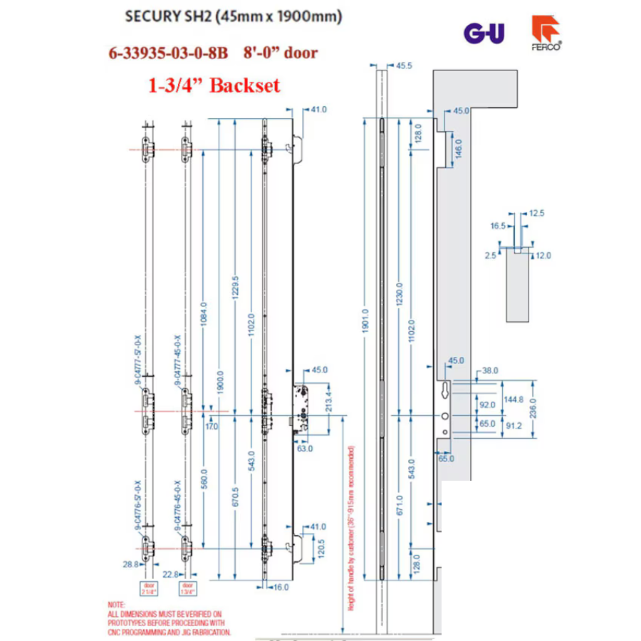 16MM SECURY SH2 RHINO WITH RADIUS ENDS AND ANTI-SLAM DEVICE FOR LATCH, 45/92, 8'-0" DOORS