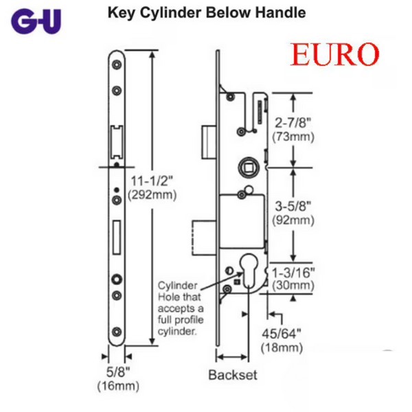 thumbnail image 2 of G-U UNICORN 45/92 Single Point Mortise Lock - Stainless Steel, NEW BREED Key AB (854-10549) 2 of 6