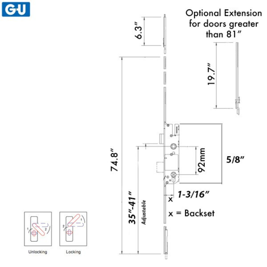 16MM GU RHINO EUROPA ACTIVE, MULTIPOINT HOOK/SHOOTBOLT LOCK KIT-STAINLESS STEEL
