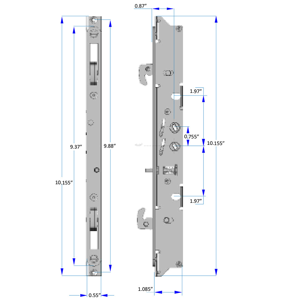 Adjustable Dual Point Sliding Door Mortise Lock Flush Mount