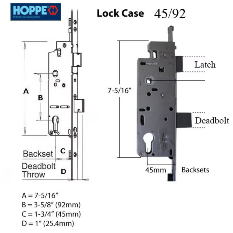 16mm Manual 45/92 Gear, Shootbolt-Tongue at 24.41", 1" Deadbolt Throw