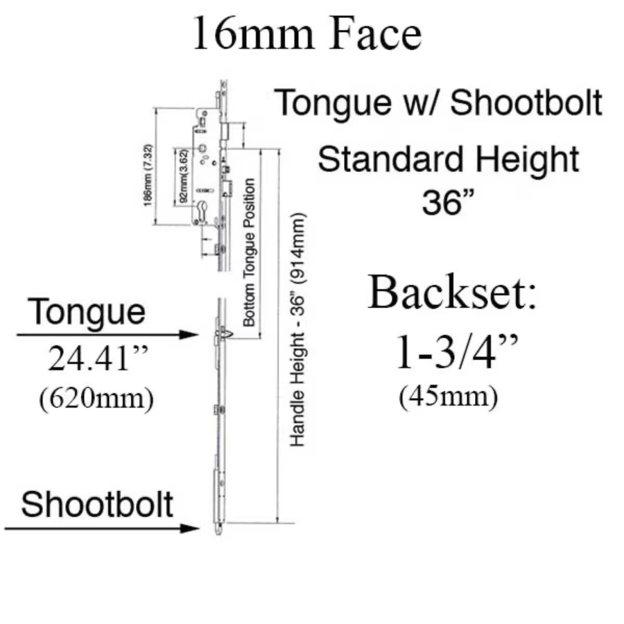 16mm Manual 45/92 Gear, Shootbolt-Tongue at 24.41", 1" Deadbolt Throw