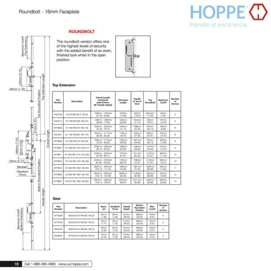 Hoppe 16mm Manual Gear, 45/92, Roundbolt at 26.30", 1" Deadbolt Throw - 8778139