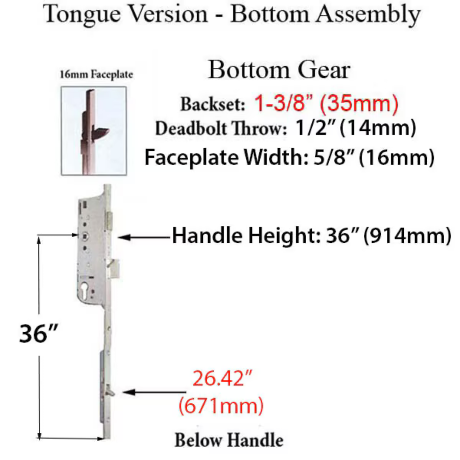 Hoppe Multipoint 1.38" Backset Manual Gear with Tongue Bottom Extension