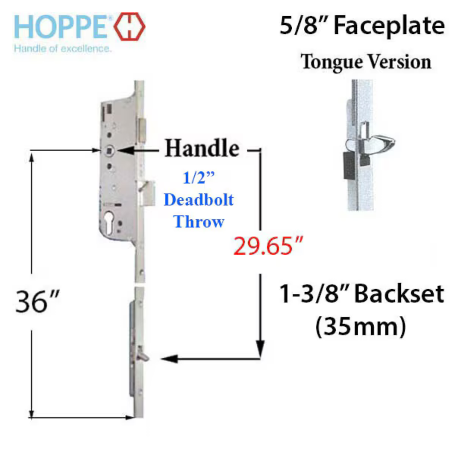 Hoppe Multipoint 1.38" Backset Manual Gear with Tongue Bottom Extension
